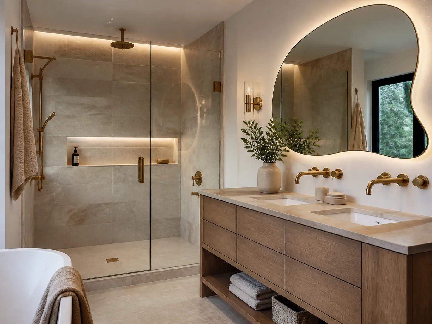 Design concept: a calm bathroom with a freestanding tub, stone and brass