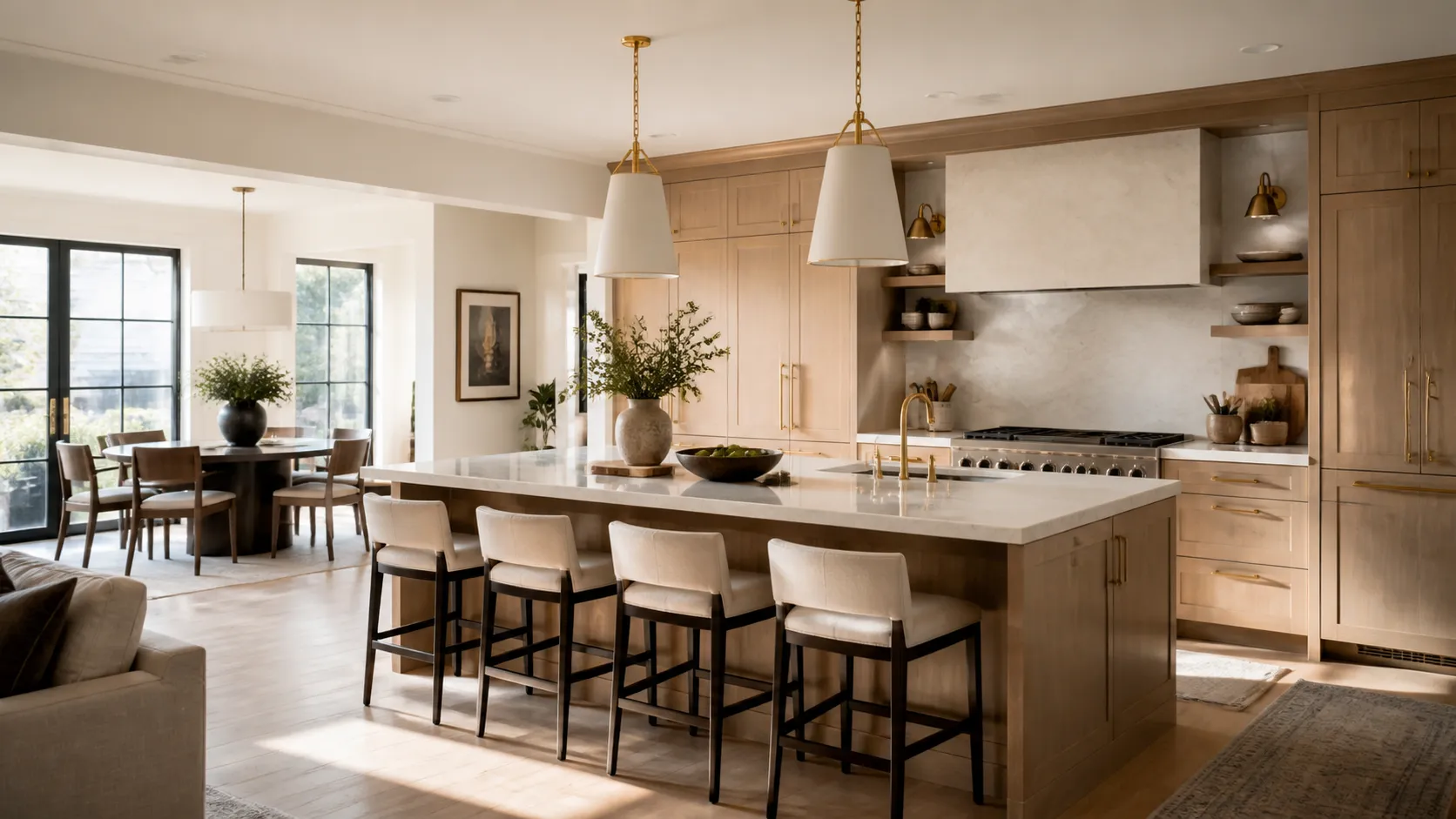 Design concept: a warm oak kitchen with a marble island, brass fixtures and white pendants opening onto a dining room