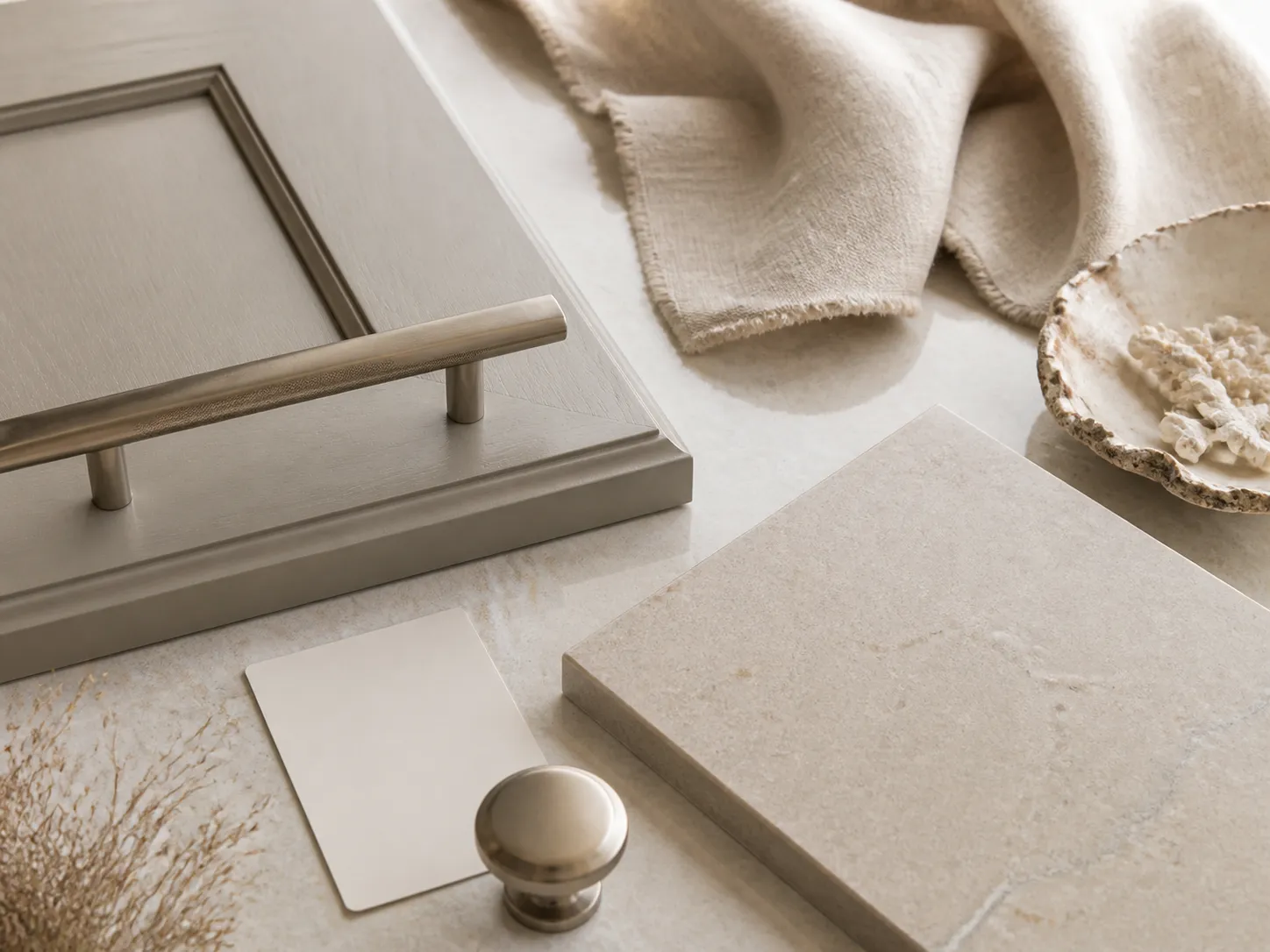 Design concept: greige shaker cabinetry with a taupe quartz countertop