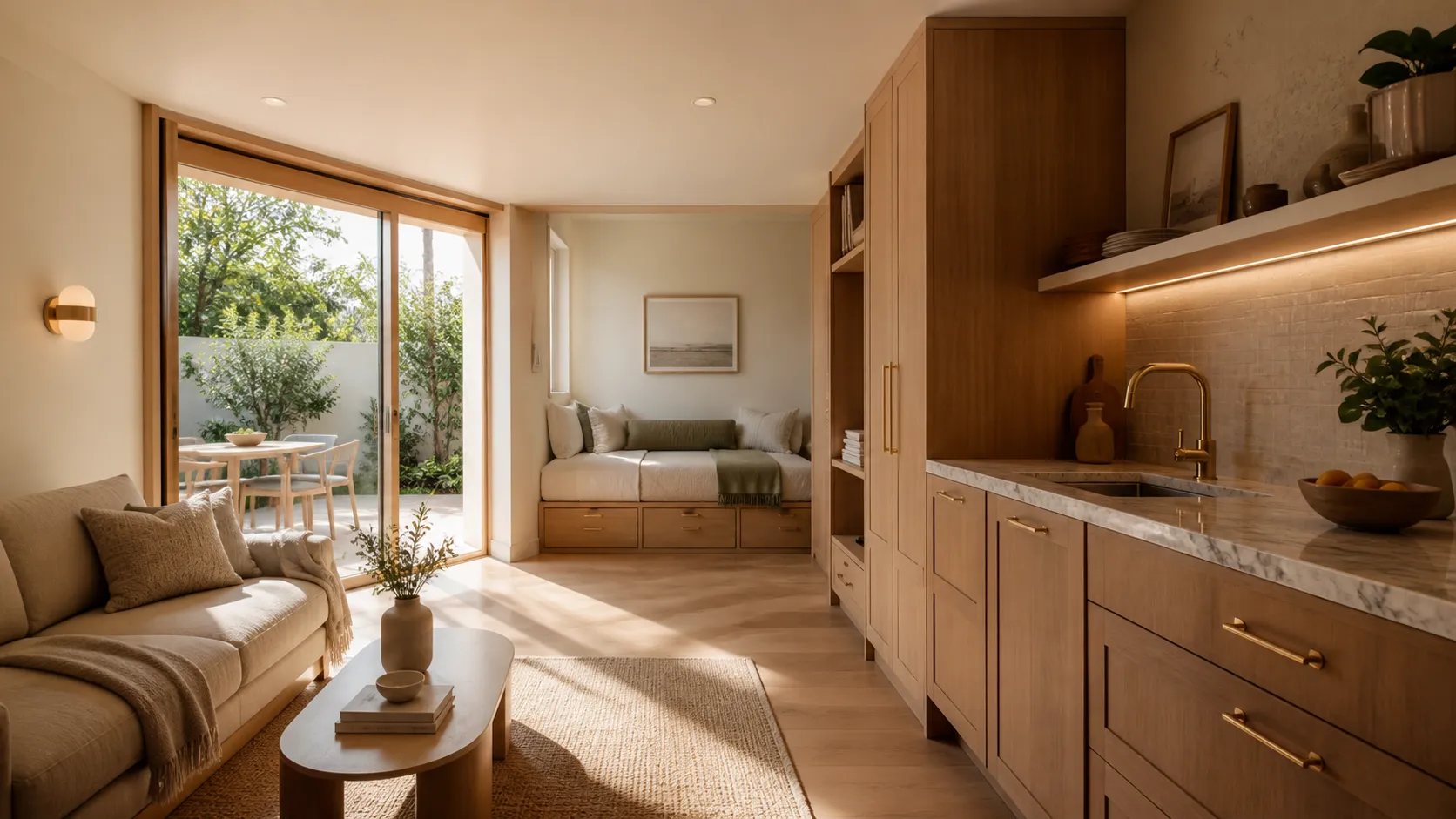 Design concept: a small guest house with a complete kitchen and living space
