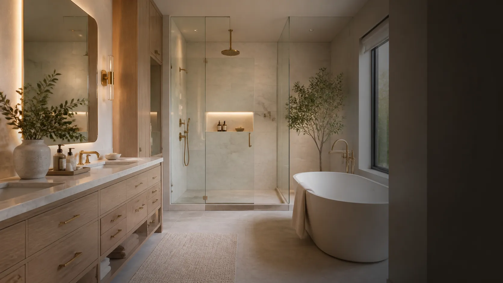 Design concept: calm bathroom with stone, oak vanity and brass fixtures