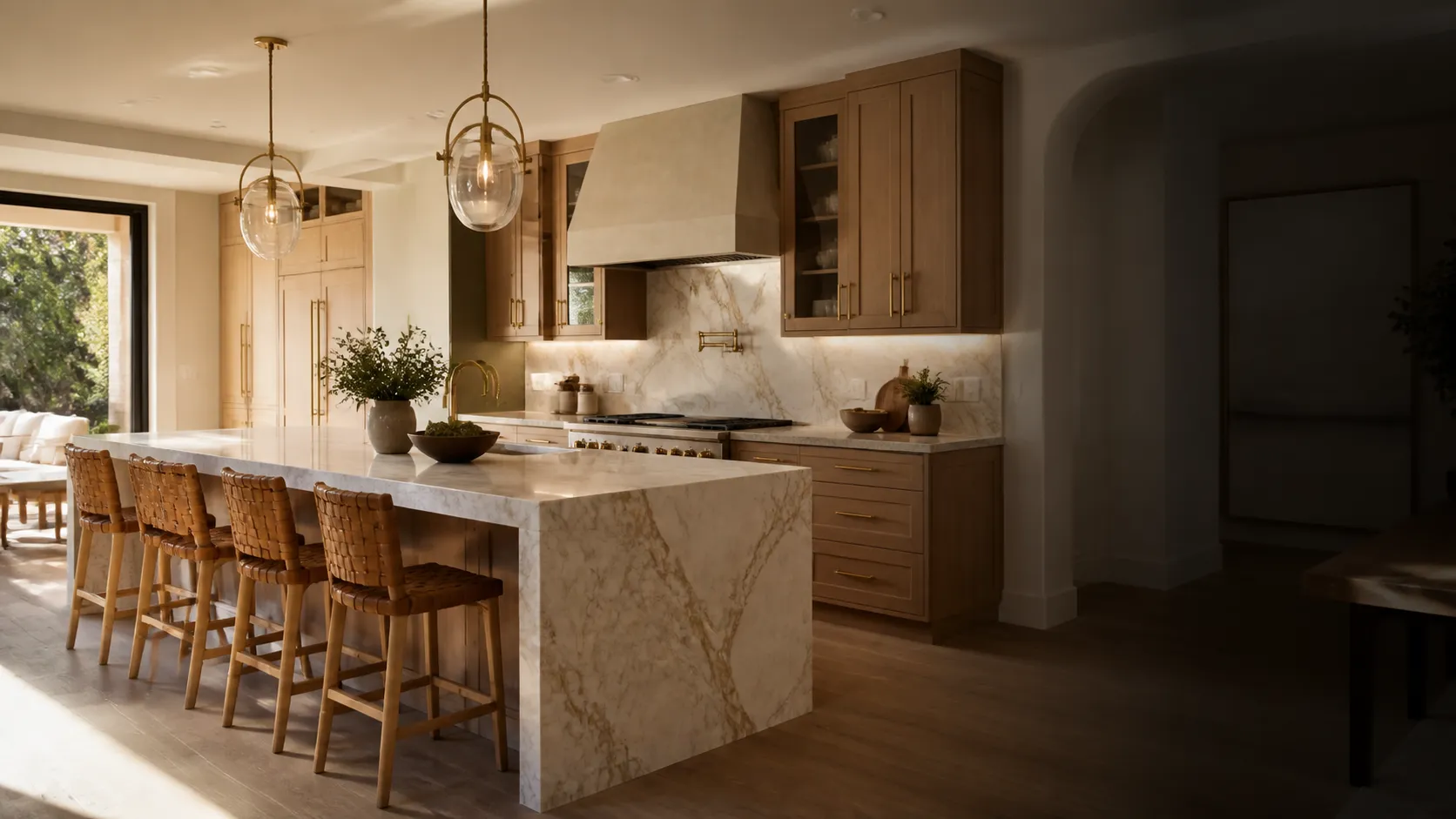 Design concept: warm oak kitchen with a marble waterfall island, woven stools and brass pendants