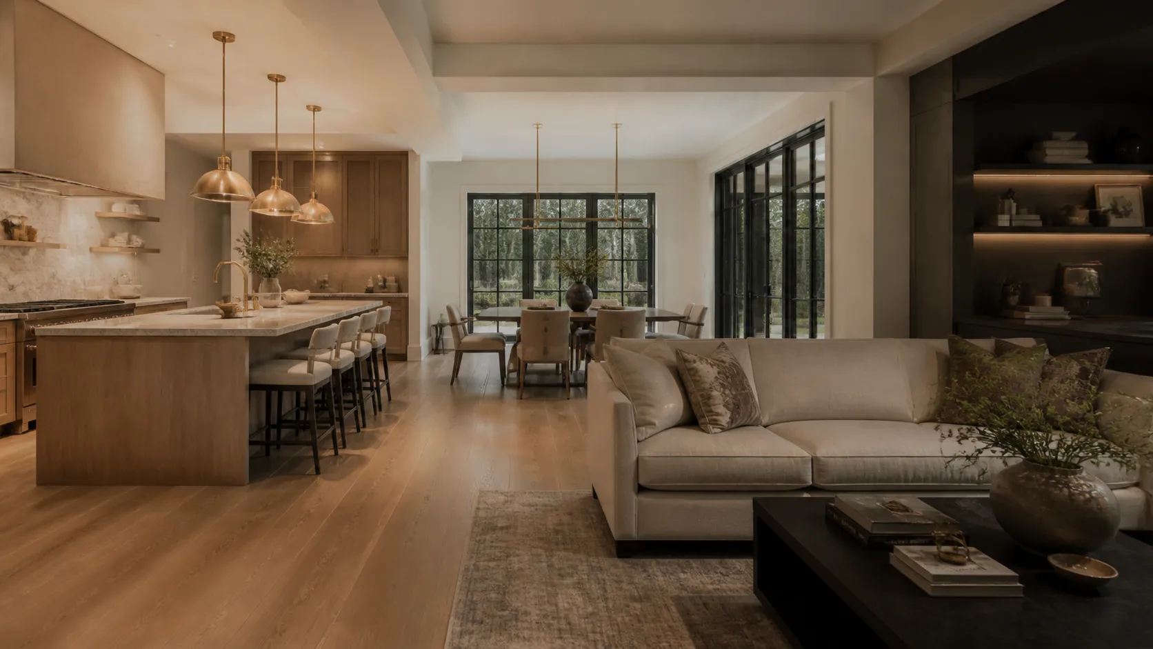Design concept: an open whole-home remodel with living, dining and kitchen in one warm palette